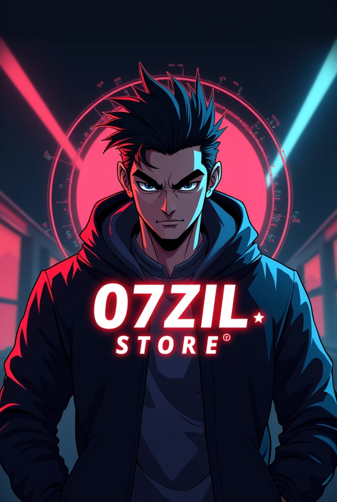 Anime art logo of a man with writing "07ZIL STORE" futuristic theme with nice art in red and blue