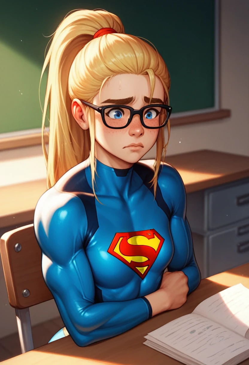 A thick cute geeky muscular girl, beautiful blue eyes, (golden blonde hair:1.2). dark brows, full lips,small breasts,flat chest, high ponytail, glasses, natural beauty. With a sweet look, bronze skin, cute freckles, bulky muscular and very tall, jacked muscular body,big bulging biceps, very nervous expression, blushing cutely. Beautiful lighting, wearing tight classic supergirl suit,, sitting in an undersized desk