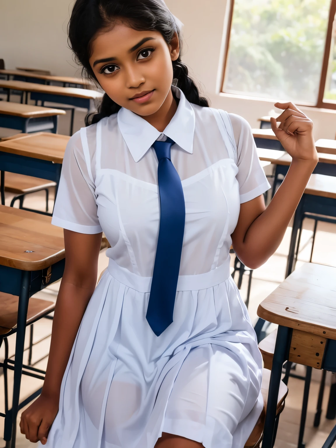 Srilankan school girl , school white frock,in the classroom, frock with pockets , wearing white vest camisole as a undergarment , see through 