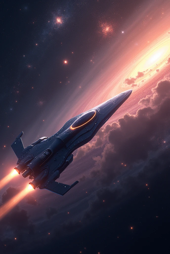 /imagine a beautiful shining galaxy  around with stars and spaceship travels around galaxy and moved stars realistic