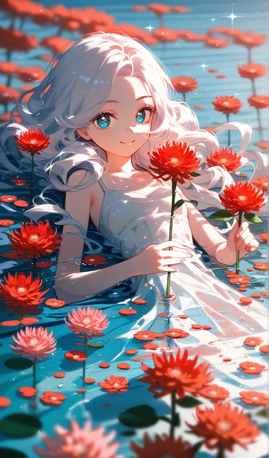 Fraction_9,Fraction_8_up,Impressionism.Sunset.1 Girl，White extra-long curly hair，Blue Eyes，Lying in the water，Water wrapped figure，Reflective，Sparkling，Holding flowers，Flowers on the water，Smile