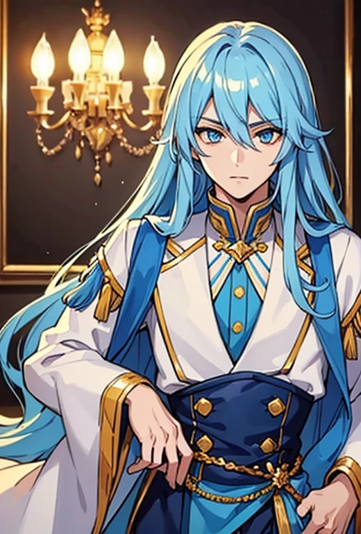 1 handsome boy, light blue hair, long hair, golden eyes, deep gaze, prince clothes