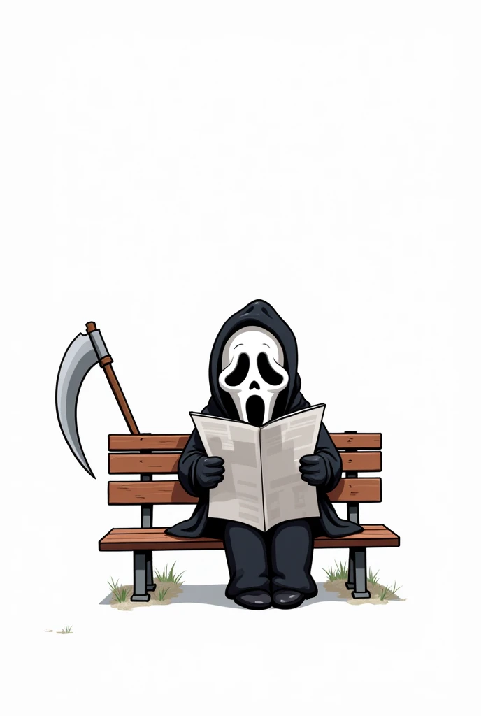 draw a drawing in the proportions 2000x 2000, with a completely white background, colored in the cartoon style of the character from the film Scream, sitting on a bench calmly reading a newspaper, with his scythe
