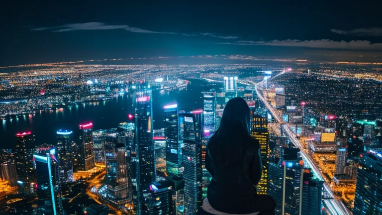 Highest quality、Neon City、Watching from on high、Night view,Night viewを見つめる少女の後ろ姿、