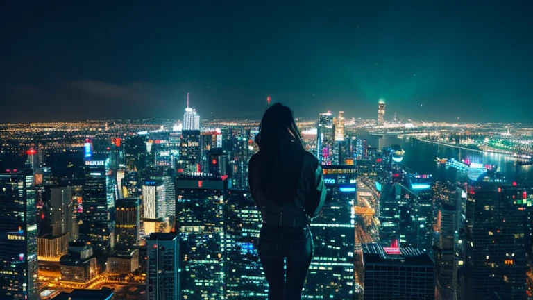 Highest quality、Neon City、Watching from on high、Night view,Night viewを見つめる少女の後ろ姿、