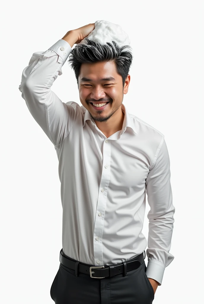 Create an Asian handsome guy，Dress conservatively，Bending over and washing hair，Scratching hair with hands，My hair is full of foam，There is a lot of foam on the head，The expression is happy，The characters are realistic and realistic，Pure white background，Showing the character&#39;s hair，9:16 frames，Ultra-high-definition picture quality