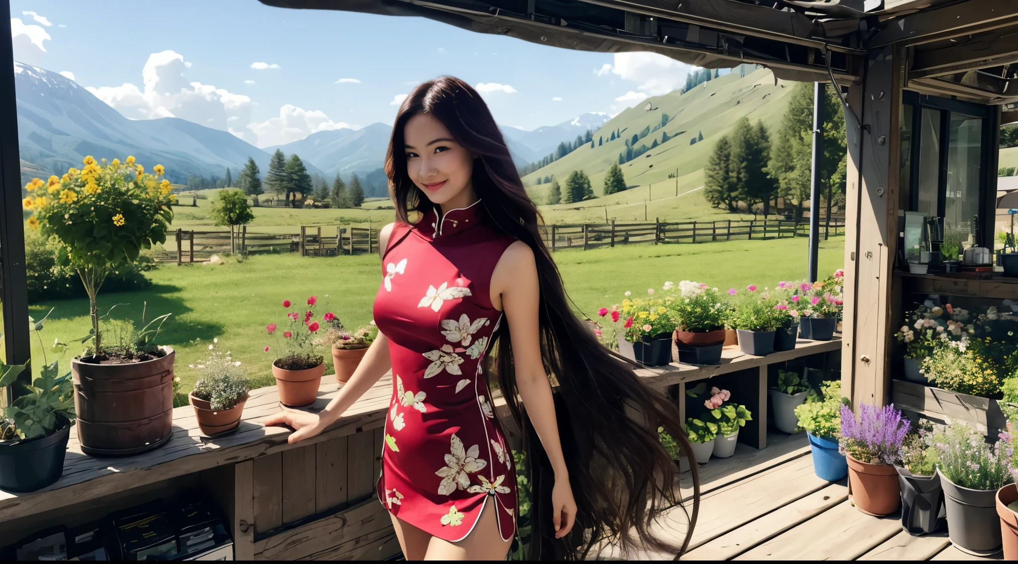 girl wearing qipao, BREAK, 1girl, standing, alluring, see-through (high collar qipau:1.2), intricate damask flower pattern, (very very long hair:1.4), middle-parted hair, thighs, v-lines, (gigantic breasts:1.2), detailed face, looking at viewer, red hair, vibrant flower, urban garden stall, detailed and intricate scene, variety flowers and vegetables plants in background with beautiful hilly meadows and small woods, mountains, butterfly,
