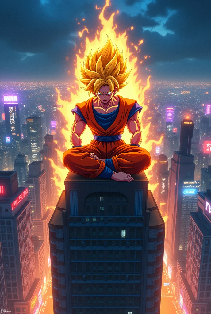 A asthetic wide image in anime style with a goku super Saiyan sitting on the top of a building in night I'm the city