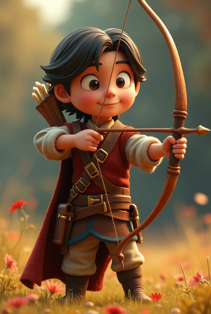 Create in cinematic 3D cartoon style. clothing, approaches the bow with a calm demeanor. He effortlessly lifts the bow and strings it, causing it to break in half. The