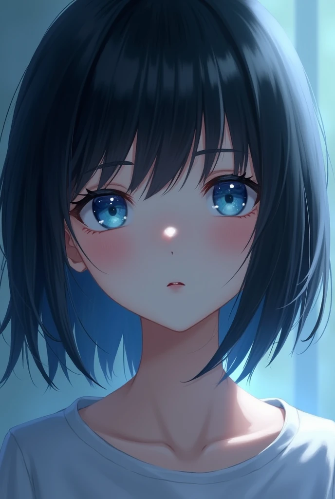 A girl has a short black hair with its backside colored soft blue and deep blue eyes