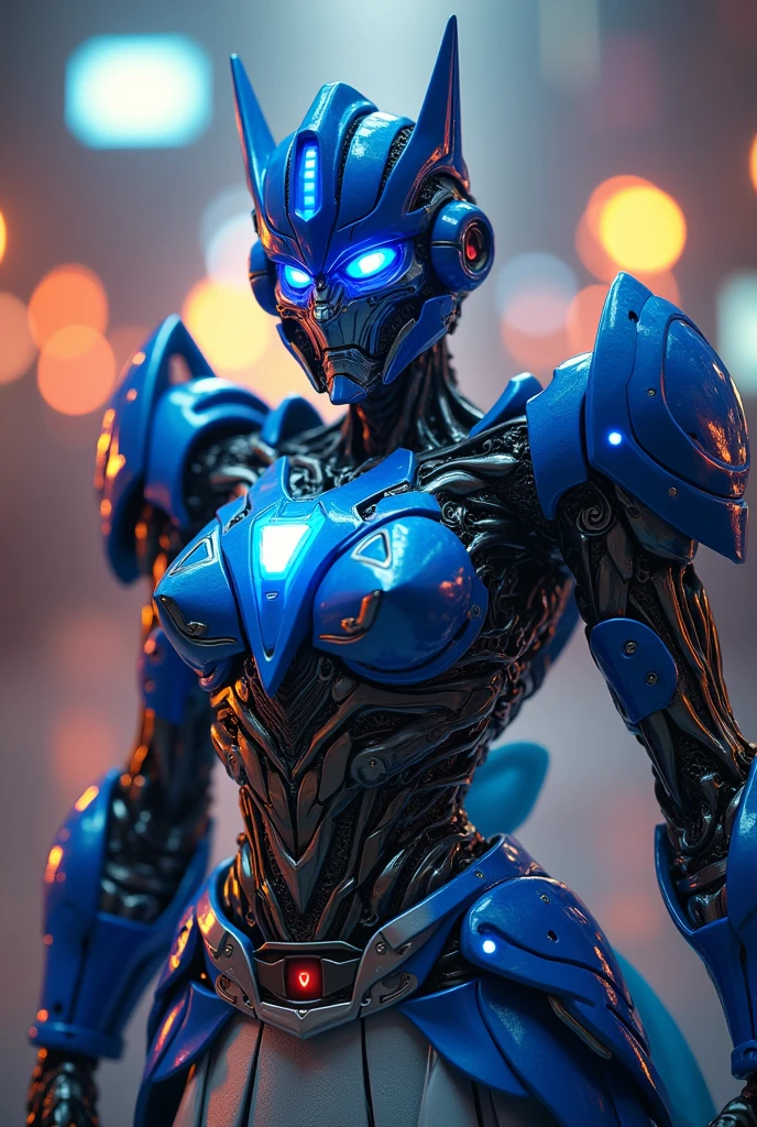 Optimus Prime as a maid, intricate details, futuristic cyberpunk style, high-quality 3D render, dynamic pose, glowing blue energy, warm lighting, cinematic composition, photorealistic, 8K, highly detailed, masterpiece