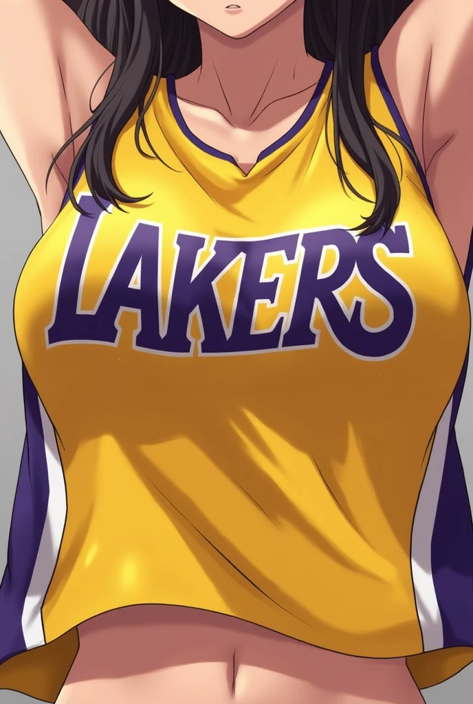 a close up of a person wearing a basketball uniform, a picture, inspired by Kentaro Miura, trending on pixiv, Shinobu Kochou, Demon Slayer, Kimetsu no Yaiba, wearing yellow nba jersey, yellow croptop nba jersey, wearing a low cut croptop, wearing croptop, croptop, the words "Lakers" written on the croptop, golden raito, (winking), shirobako, large)}], favorite scene, fine details. anime. skins, sweating, big breasts, both hands raised, armpits, armpits visible, dripping with sweat, more more sweat, sweaty armpits