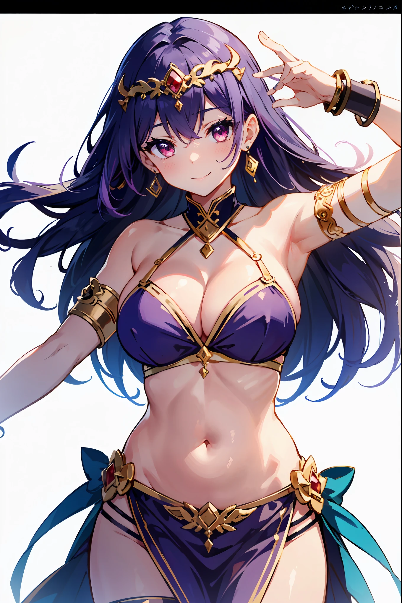 1girl, belly dancer, white background, red eyes, long hair, purple hair, harem outfit, bikini, pelvic curtain, purple costume, circlet, earrings, armlets, bracelets, bashful smile, dancing, large breasts, cleavage, soft stomach