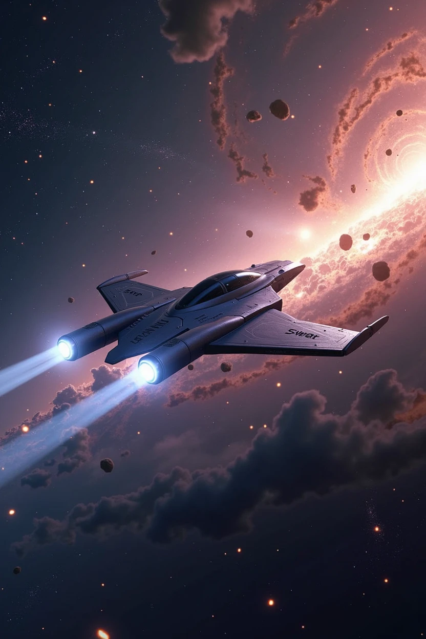 /imagine a beautiful shining galaxy  around with stars and spaceship travels around galaxy and moved stars realistic