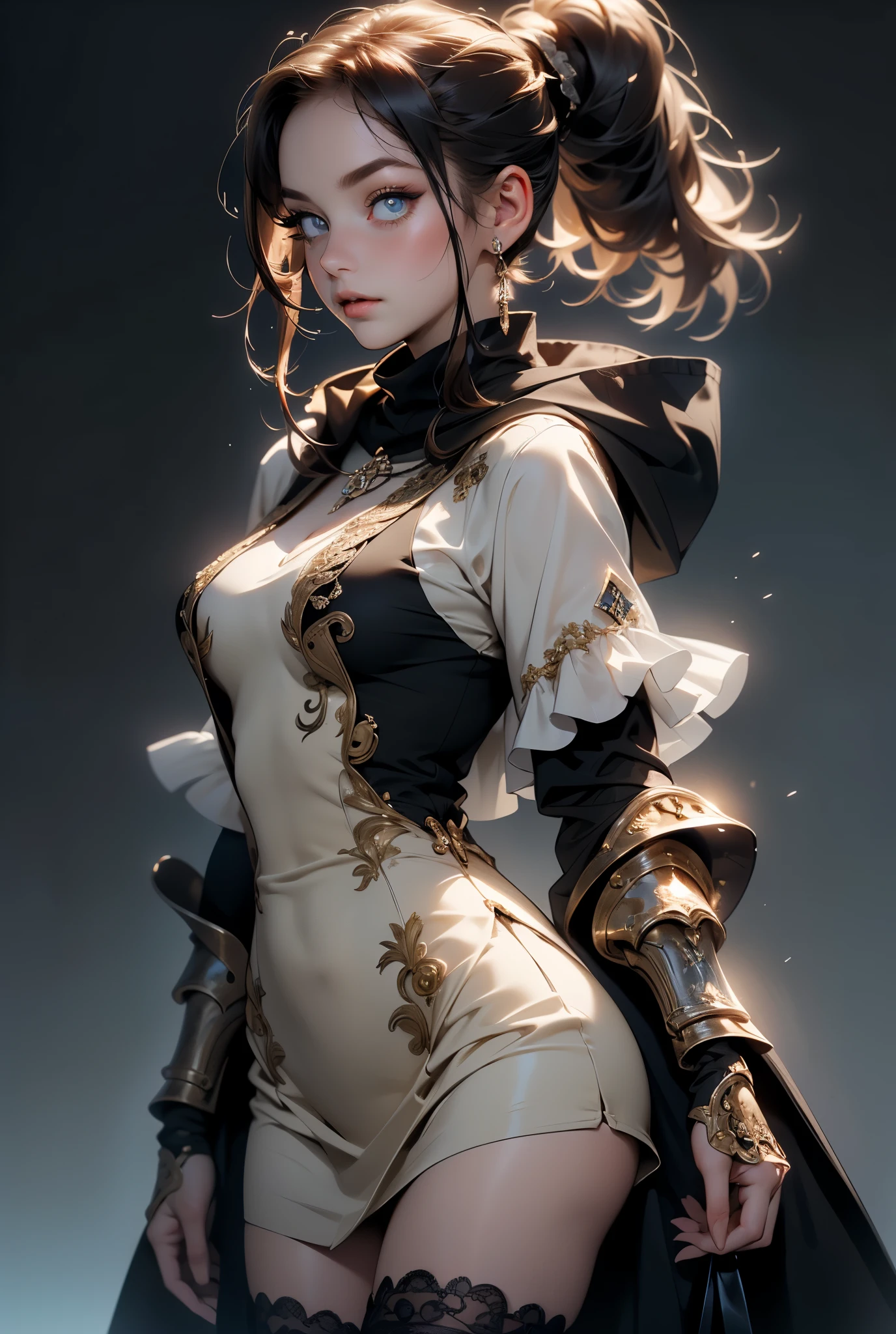 (((masterpiece, of the highest quality, super detailed))), (a witch belonging to an occult order of knights), (a knight crossed with a witch), Victorian era inspired, ((minimal but intricate beautiful armour)), Fluttering lace flared dress with frilly petticoats, ((Bloodbourne inspired)), (big forhead:1.2), (((dark hair, ponytail, thick ponytail, heavy ponytail))), (((Very sharp focused eyes))), (medium breasts), very long eyelashes, occult aesthetic, (red and white clothing detailed and intricate steampunk and detailed gothic), (with a hood), complex lace boots,