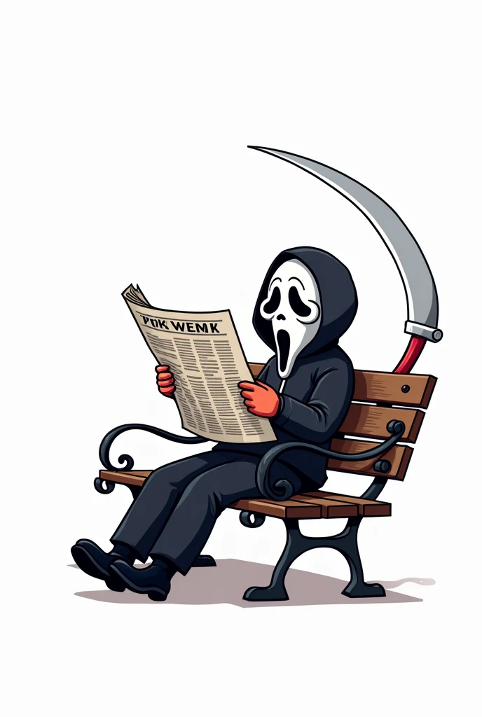 draw a drawing in the proportions 2000x 2000, with a completely white background, colored in the cartoon style of the character from the film Scream, sitting on a bench calmly reading a newspaper, with his scythe