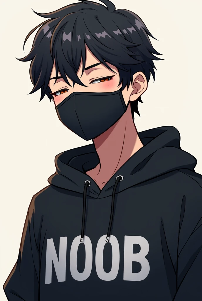 Make a male anime character who wears a black sweatshirt with the word NOOB written on it and wears a custom mask over his mouth and with sleepy eyes