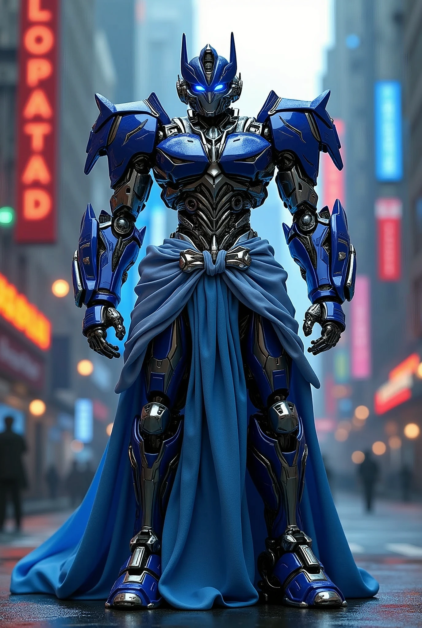 Optimus Prime as a maid, intricate details, futuristic cyberpunk style, high-quality 3D render, dynamic pose, glowing blue energy, warm lighting, cinematic composition, photorealistic, 8K, highly detailed, masterpiece