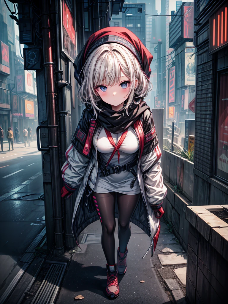 (masterpiece, Highest quality), (Detailed Hair), Very detailed, Anime Style, whole body, alone, Cyberpunk psychic girl, Big cute head scarf, whole body covered in rags, Wanderer's Outfit, Gray Hair、Red eyes, Floating in the air, Small stature, Supernatural Aura, Prism Hypnosis Aura. Beautiful and terrifying, Digital Painting, 8K high resolution, Trend Art Station, White Background, whole body, ((Psychic energy ball in hand))