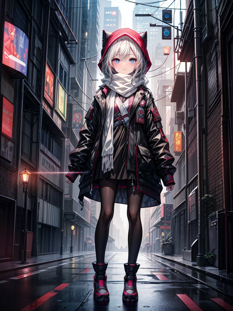 (masterpiece, Highest quality), (Detailed Hair), Very detailed, Anime Style, whole body, alone, Cyberpunk psychic girl, Big cute head scarf, whole body covered in rags, Wanderer's Outfit, Gray Hair、Red eyes, Floating in the air, Small stature, Supernatural Aura, Prism Hypnosis Aura. Beautiful and terrifying, Digital Painting, 8K high resolution, Trend Art Station, White Background, whole body, ((Psychic energy ball in hand))