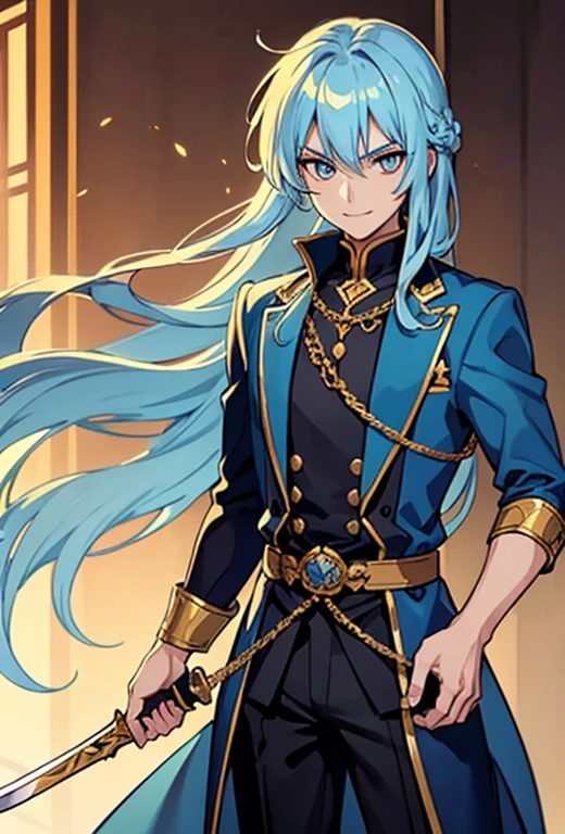 1 handsome boy, light blue hair, long hair, golden eyes, deep gaze, prince clothes, holding a sword in his hands, malicious smile