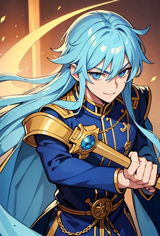1 handsome boy, light blue hair, long hair, golden eyes, deep gaze, prince clothes, holding a sword in his hands, malicious smile