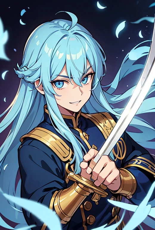 1 handsome boy, light blue hair, long hair, golden eyes, deep gaze, prince clothes, holding a sword in his hands, malicious smile