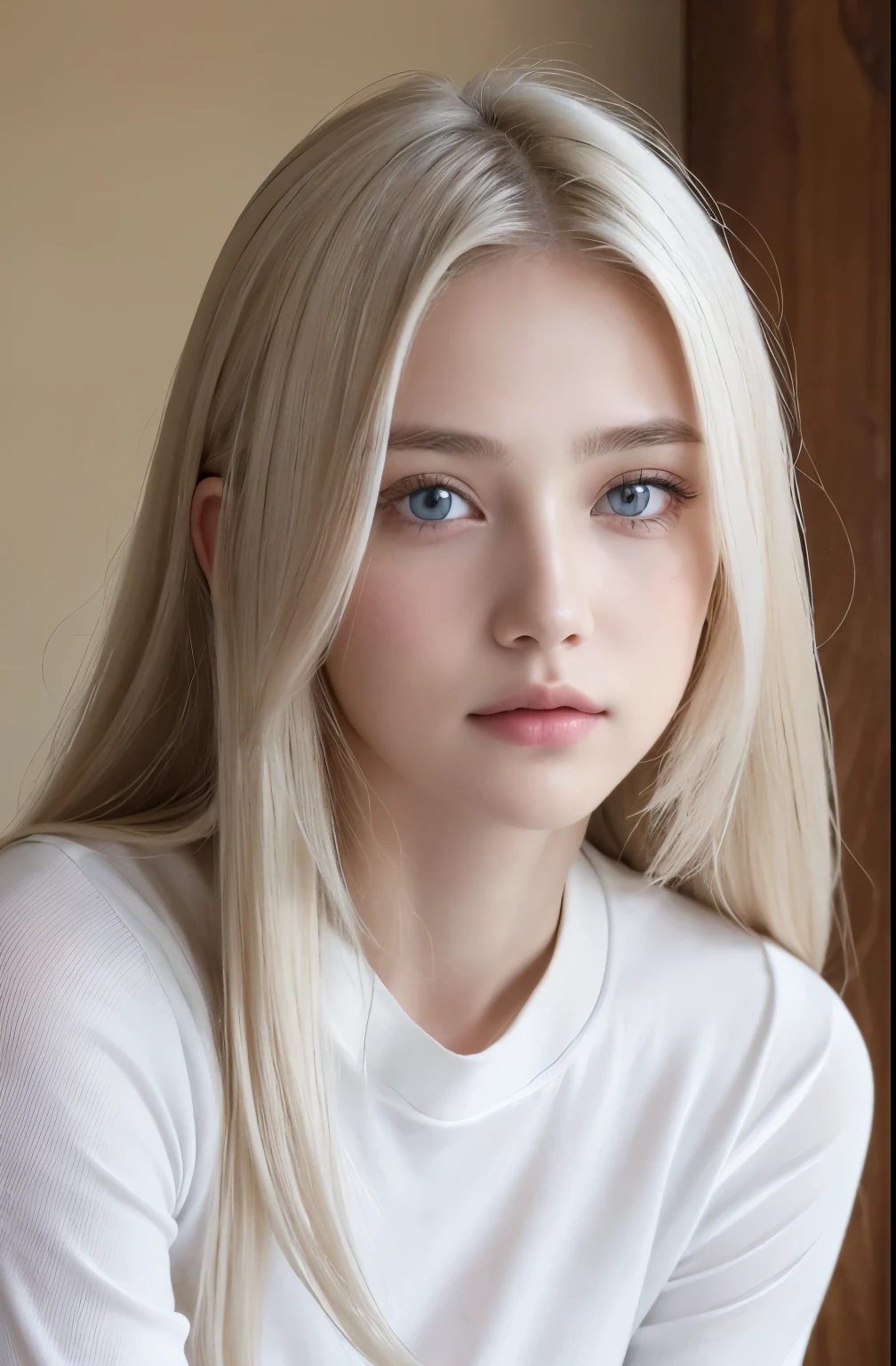 １４Caucasian model at the age, Standing Photo above the knee,（(Clean clothes)), white clothes, Natural light, Pretty Caucasian Woman, white hair, A sloppy smile, (8K, Live shooting, highest quality, masterpiece: 1.2), masterpiece, super detail, , High-definition RAW color photo, , , , , , highly detailed eyes, realistic skin texture, highly detailed fingers, very detailed nose, highly detailed mouth, , Photo above the knee, , See-through feeling、Transparent processing、wearing a sports uniform、, White hair, Blue eyes, masterpiece, realistic skin texture, , shiny hair and white skin, 、 natural skin texture,  A young woman who looks like a girl,  Photo above the knee、Blue eyes,  、lowered eyebrows,  innocent face,  Eyes that look gentle,  natural skin texture, round face,  Kind eyes, long and pure white beautiful hair、, small face,  No decorations attached,  white, drooping eyebrows,  Mont Blanc, white, drooping eyebrows