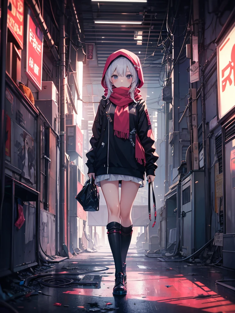 (masterpiece, Highest quality), (Detailed Hair), Very detailed, Anime Style, whole body, alone, Cyberpunk psychic girl, Big cute head scarf, whole body covered in rags, Wanderer's Outfit, Gray Hair、Red eyes, Floating in the air, Small stature, Supernatural Aura, Prism Hypnosis Aura. Beautiful and terrifying, Digital Painting, 8K high resolution, Trend Art Station, White Background, whole body, ((Psychic energy ball in hand))
