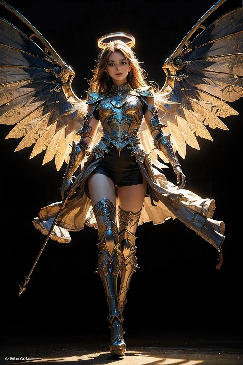(best quality, masterpiece, colorful, dynamic angle, from below, highest detailed)upper body photo, full body photo, fashion photography of cute mechangel, glowing 4 wings, solo, glowing armor, glowing halo, building, glowing mechanical 4 wings (intricate details, hyperdetailed:1.15), detailed, light passing through hair, (official art, extreme detailed, highest detailed), HDR+