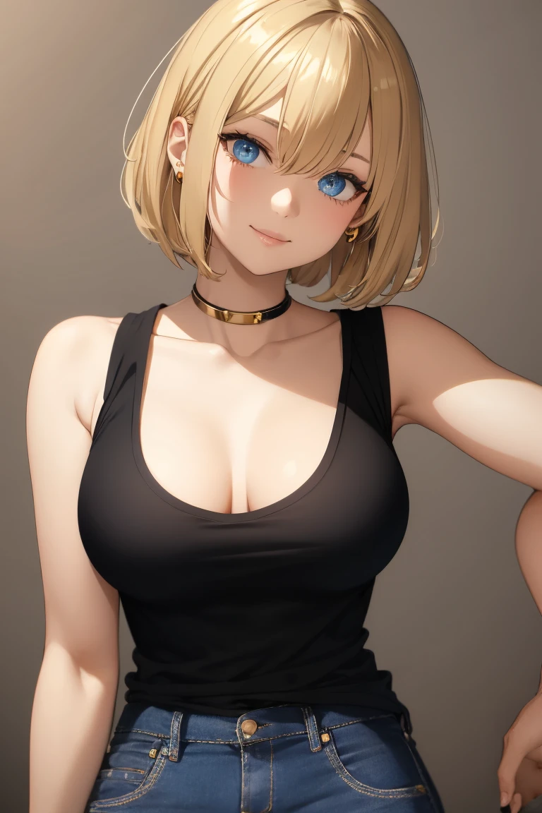 solo, 1girl, young, blond hair, short hair, messy hair, blue eyes, eyeliner, light smile, golden earrings, white tank top under black shirt, medium breasts, blue jeans, half-body