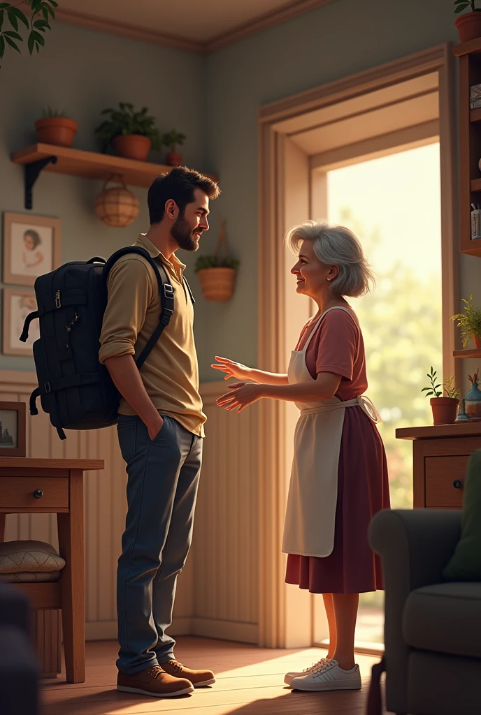 A man going to tour ,and his mother stoped him.
