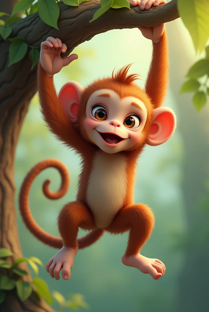 A baby ey swings on a branch looking down, 3d image, Cartoon s, face detailed, asymmetrical 16k