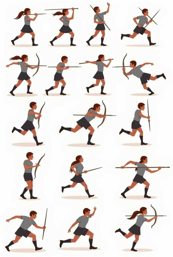 Create a sprite sheet for character animations that includes frames for movement, running, jumping, sword attack, spear attack, and bow attack.