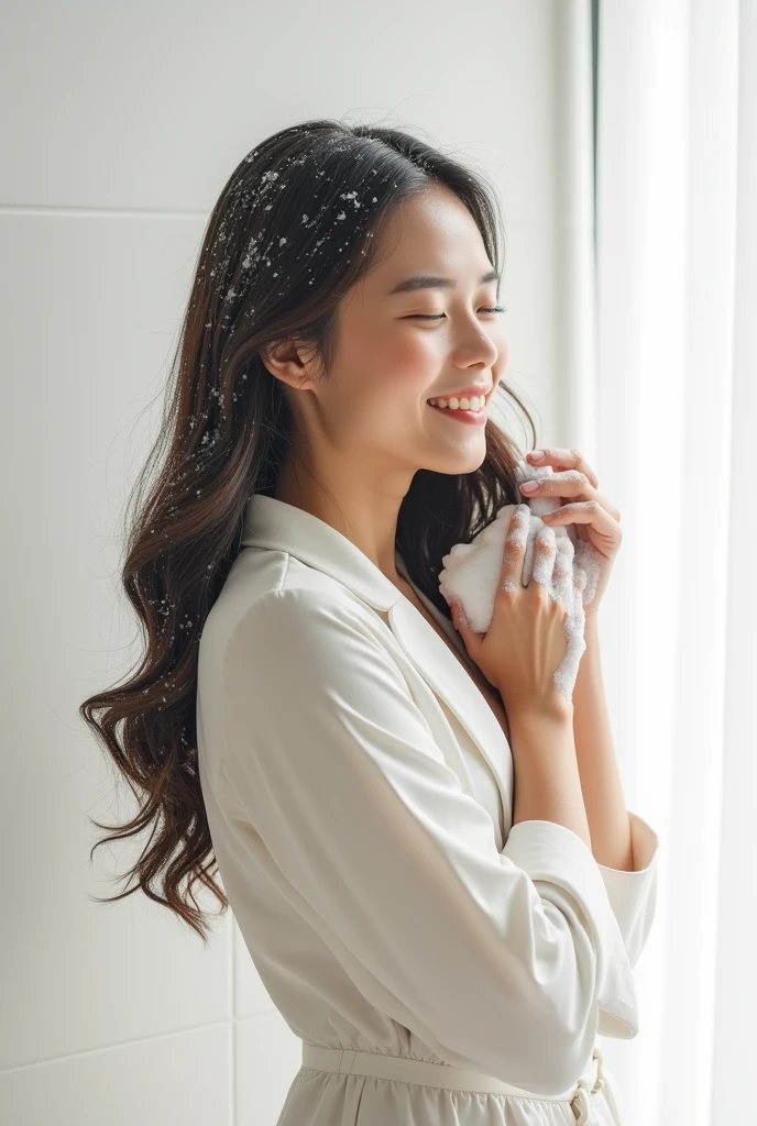 Create an Asian beauty，Dress conservatively，Bending over and washing hair，Scratching hair with hands，My hair is full of foam，There is a lot of foam on the head，The expression is happy，The characters are realistic and realistic，Pure white background，Showing the character&#39;s hair，9:16 frames，Ultra-high-definition picture quality