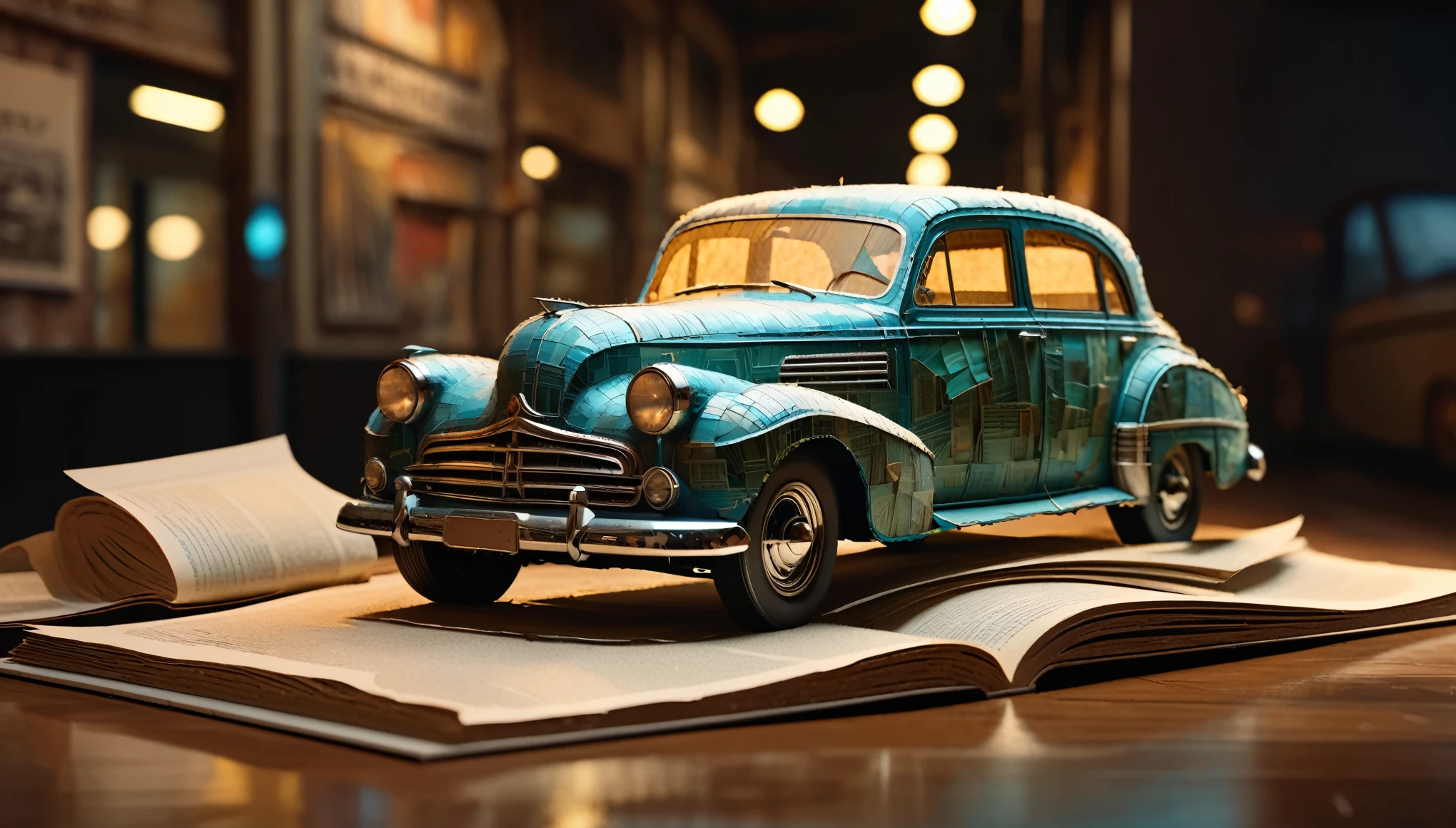 highly detailed 8K resolution 64 megapixel 3D sculpture of a vintage car driving down the retro highway 66 road, made entirely from intricately cut and arranged backlit recycled cardboard, old newspaper, and book pages, soft focus with stunning volumetric lighting and raytracing reflections, intensely rich colors blending seamlessly, reminiscent of Alberto Seveso's mastery of blending the vintage, with Jeremy Mann's loose expressive brushwork, the level of octane render detail is unmistakable, the final output will be visually striking and memorable, warm evening light casting a comforting glow, and capturing the texture of the cardboard, and the paper material, to an extreme, texture close up can be seen