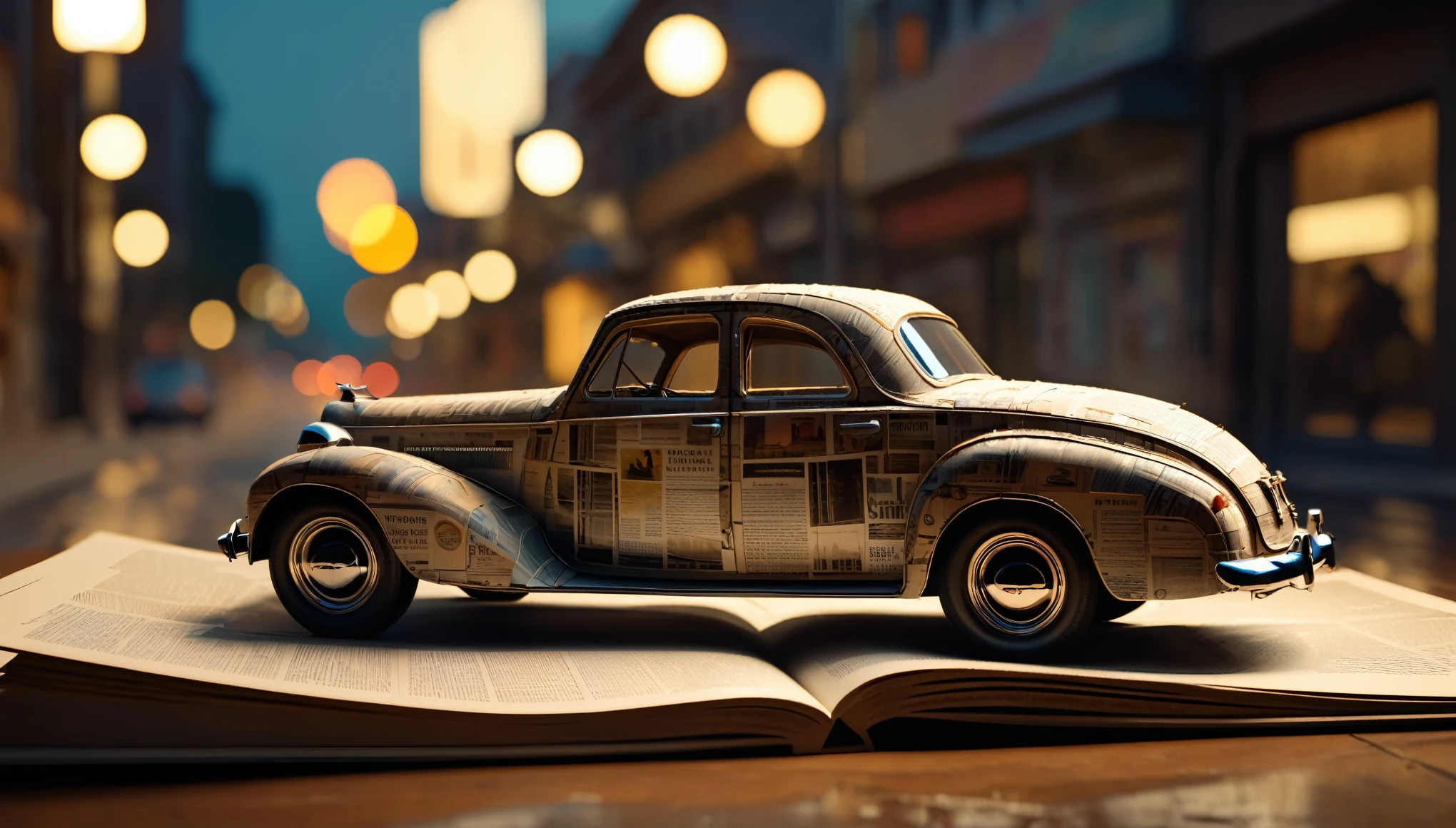 highly detailed 8K resolution ?? megapixel 3D sculpture of a vintage car driving down the retro highway 66 road, made entirely from intricately cut and arranged backlit recycled cardboard, old newspaper, and book pages, soft focus with stunning volumetric lighting and raytracing reflections, intensely rich colors blending seamlessly, reminiscent of Alberto Seveso's mastery of blending the vintage, with Jeremy Mann's loose expressive brushwork, the level of octane render detail is unmistakable, the final output will be visually striking and memorable, warm evening light casting a comforting glow, and capturing the texture of the cardboard, and the paper material, to an extreme, texture close up can be seen