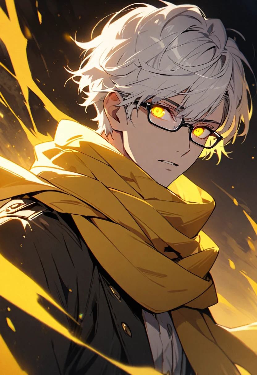 male, solo, handsome, white hair, beautiful color, short hair, yellow eyes, scarf, glasses, gorgeous background, yellow aura, glowing eyes, beautiful eyes, warrior