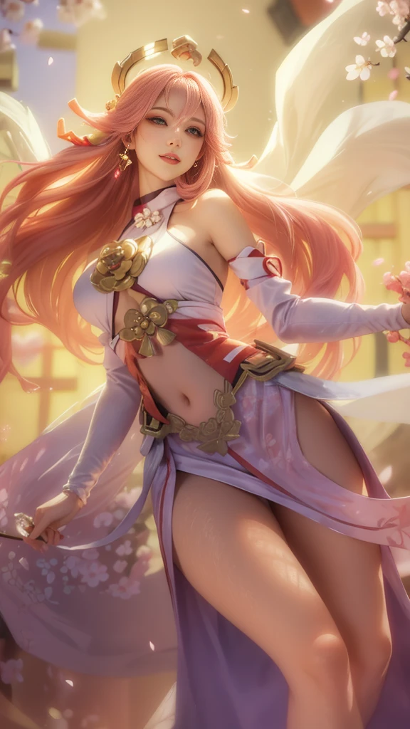 (Masterpiece, Excellent, 1girl, solo, complex details, color difference), realism, ((medium breath)), off-the-shoulders, big breasts, sexy, Yae Miko, long pink hair, red headdress, red highlight, hair above one eye, green eyes, earrings, sharp eyes, perfectly symmetrical figure, choker, neon shirt, open jacket, turtleneck sweater, against the wall, brick wall, graffiti, dim lighting, alley, looking at the audience, ((mean, seductive, charming)), ((cherry blossom background))),((Japanese temple background)))), (((luminous background))), (dynamic pose), tulle, bare shoulders, blooming flower fields, radiant skin, faint smile, sexy, bust, no breast cover, naked, cocked ass, tummy look