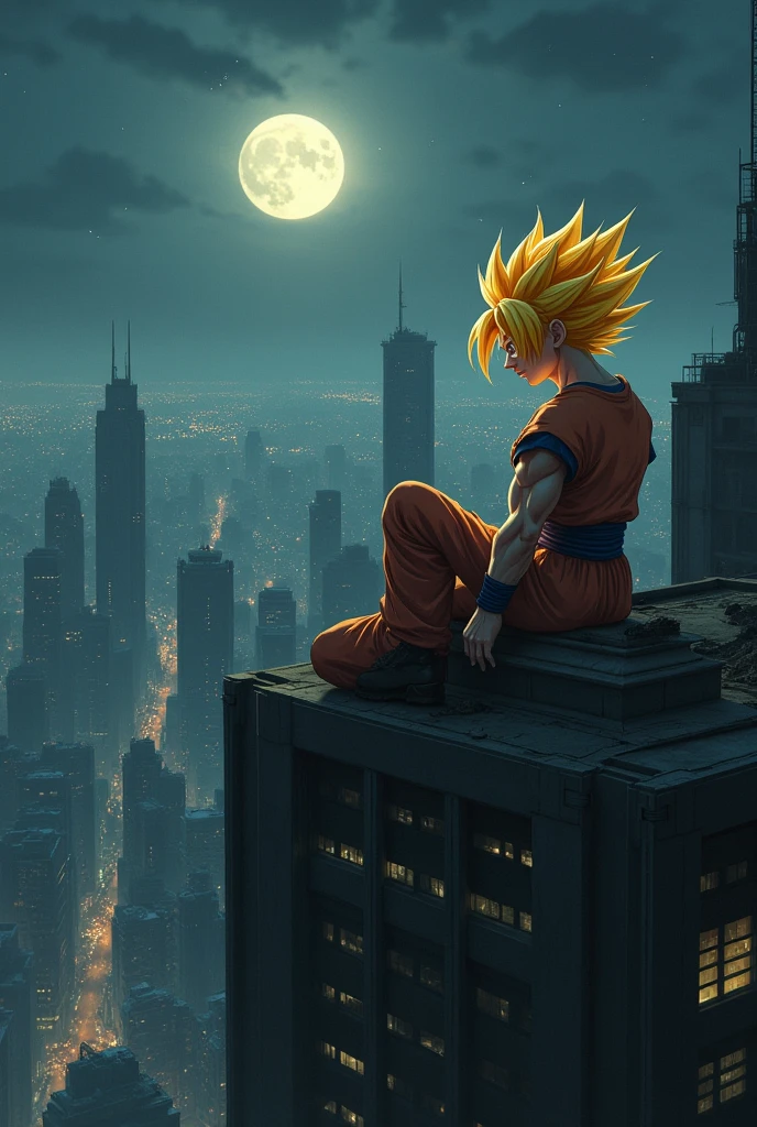 A asthetic wide image with a goku super Saiyan sitting on the top of a building in a dark night and looking towards the city from back in the city