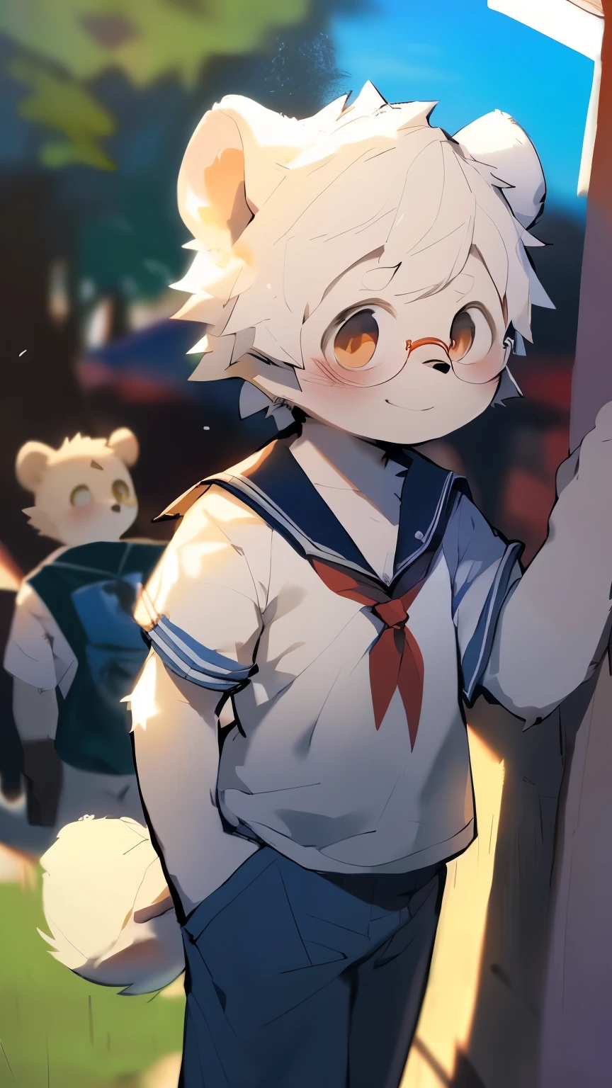 masterpiece, best quality, Perfect anatomical structure, Bright Eyes, Big watery eyes, From milkytiger1145, author：K0BIT0WANI,,src_hairy, 北极熊boy, Brown eyes, Polar bear tail, White hair, Spiky hair, hairy, blush, Looking at the audience, Smile, 1个boy, Polar bear ears, hairy male, White body hair, ((School uniform shirt, Blue pants, Glasses, Blue wool hat)), School, Clear skies, Upward body， ((Boy，shota))，boy，Pino Deheny, Carney announced, milkytiger1145, Dagasi, Yes，