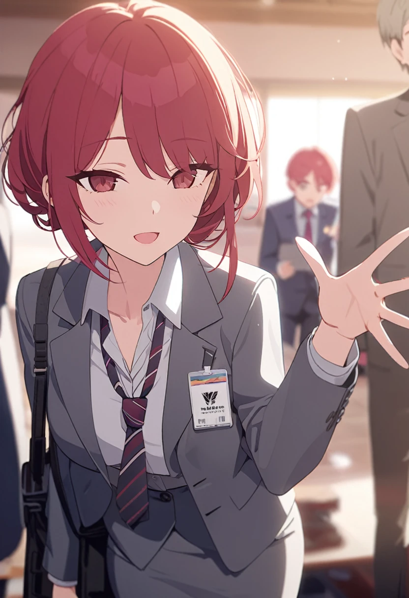masterpiece,best quality,depth of field,8k,Red hair,Red eyes,wseifuku,chic,(charismatic eyes 1:1),gray business suit,alone,Waving hand,gray business skirt,female,red striped tie,검은색 옥스포드 female 구두,Wearing an employee ID around his neck