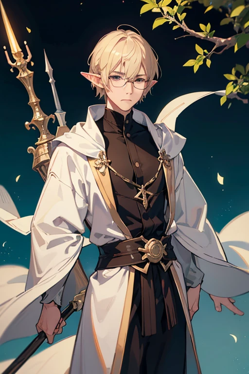 male、1 person、male性、Short Hair、Blonde、Straight Bob、adult、perfection、大柄のmale、Stocky build、Elf、Magic Mentor、Long staff、Glasses、Delicate Robe、Slender、stylish、Clumsy Hands、Elegant、Pride、Sharp Eye、Disgust、Frown、Glare、Severe、Irritation