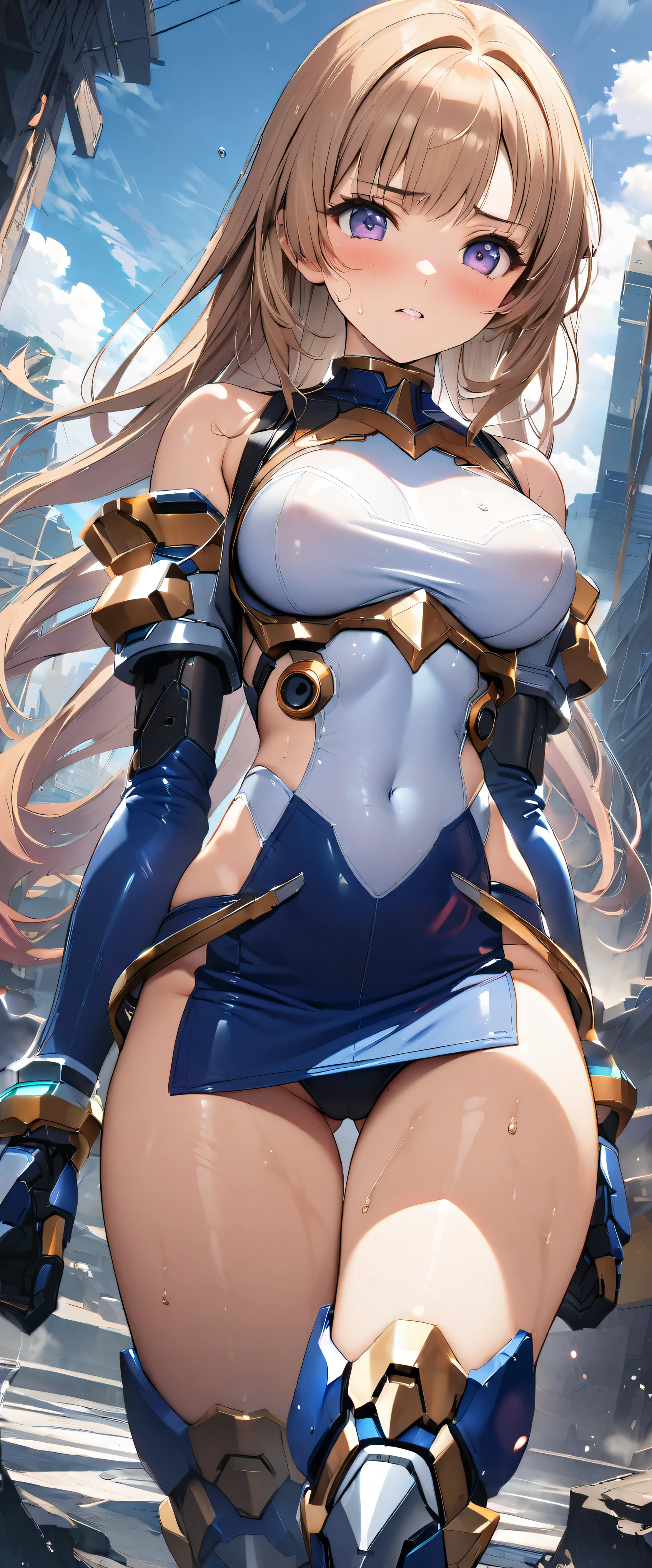 (((masterpiece)))、((Highest quality))、(Ultra-detailed)、(CG illustration)、(Very beautiful girl))、Cinematic Light、((1. Mechanical Girl))、 Science fiction、Apocalypse、Erotic and grotesque、(Beautiful and luxurious:1.2)、(One Girl:1.3)、Look forward,,White and navy blue bodysuit,((Micro Tight Skirt)),,Medium breast,()),Wet with sweat,Off the shoulder,Dynamic pose