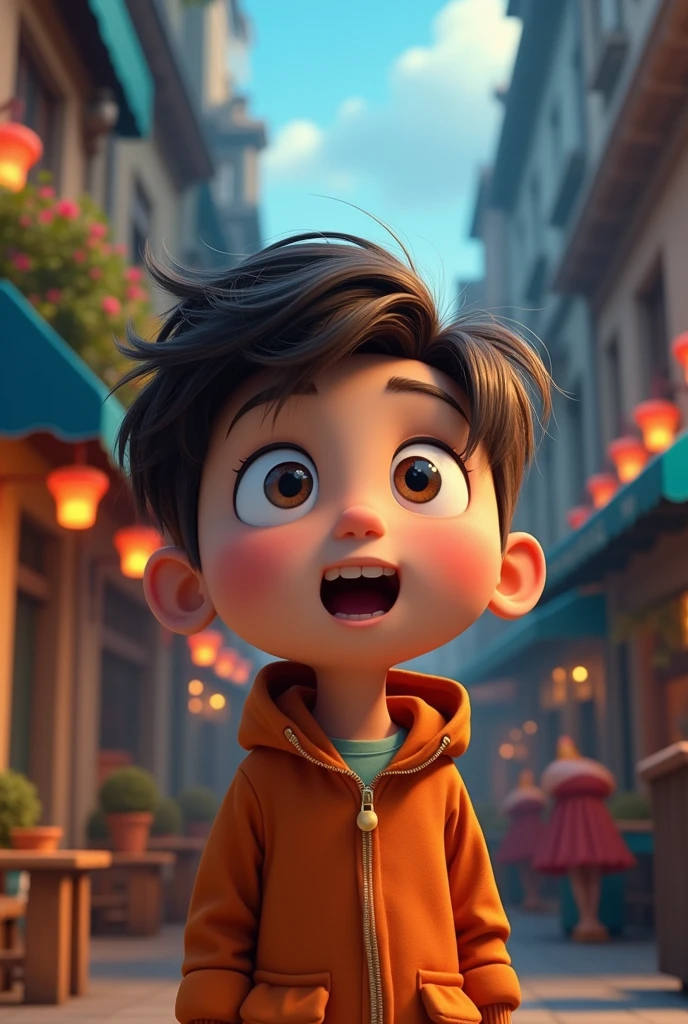 Create in cinematic 3D cartoon style. amazement and admiration. The scene is.