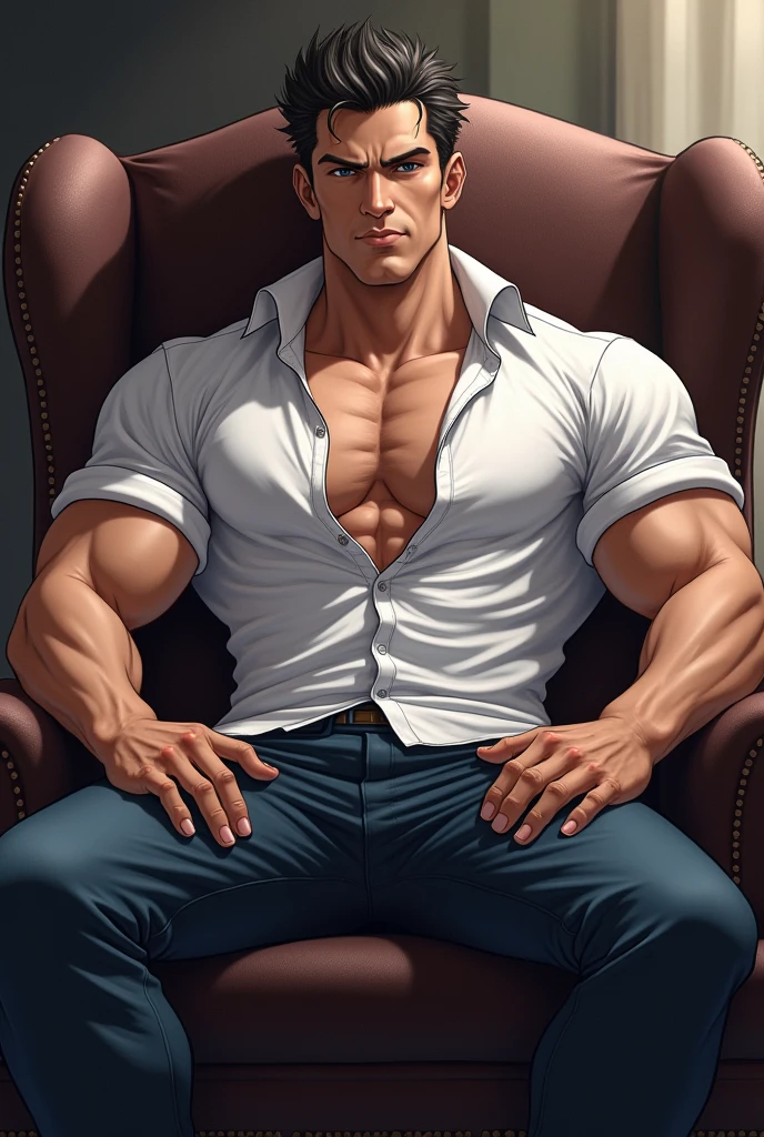 (1 Adult male),A high resolution, Sharp focus, Pixiv masterpiece, ((Complicated details)), highly detailed,handsome man, sitting in a chair, using tight white shirt, wet shirt, legs spreading, muscular body, pants bulging