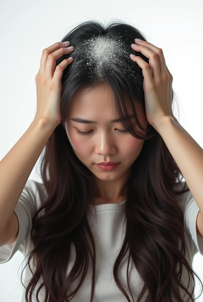 Create an Asian long-haired beauty,Dress conservatively,Scratching the scalp with both hands,There is a lot of dandruff on the top of the head,White fine dandruff on the top of the head,The expression is unhappy,The characters are realistic and realistic,Pure white background,9:16 frames,Ultra-high-definition picture quality