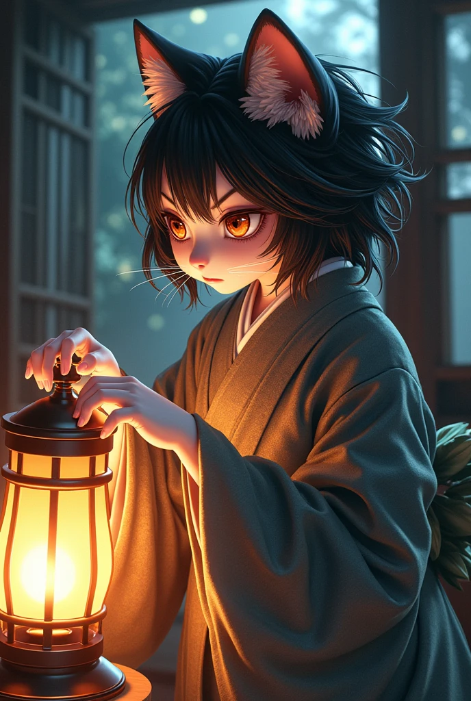 Japanese Yokai、Cat、Anthropomorphic female calico cat:1.5、The body is human、Detailed, flowing hair、Wearing traditional Japanese kimono、Night after night, I lick the oil from the lantern、Traditional Japanese House、Exquisitely detailed kimono texture、detailed fur texture、Very detailed、Ethereal、Shine、mysterious、Fantasy、Ukiyo-e style、Bright colors、Dramatic lighting、Digital Painting、8k、high quality