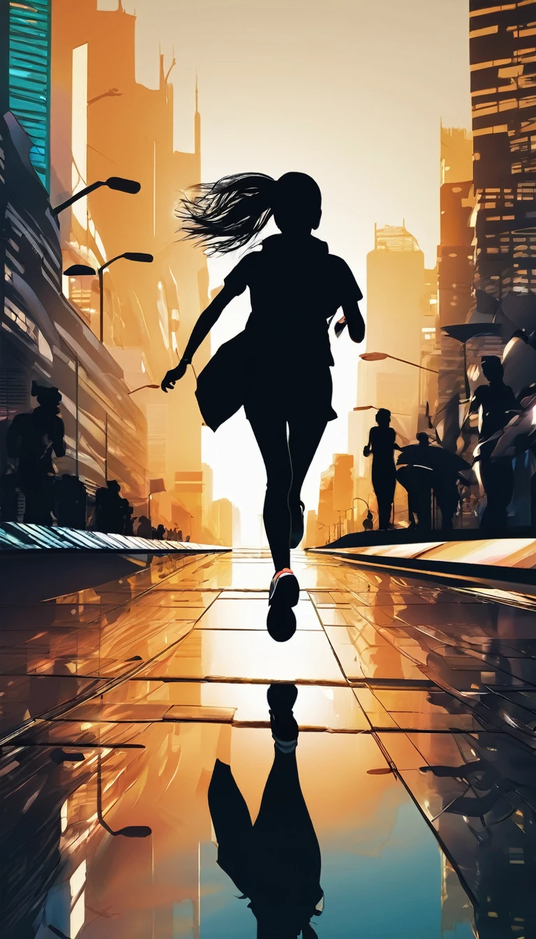 Create cinematic images, Running woman silhouette。Silhouette of the city。