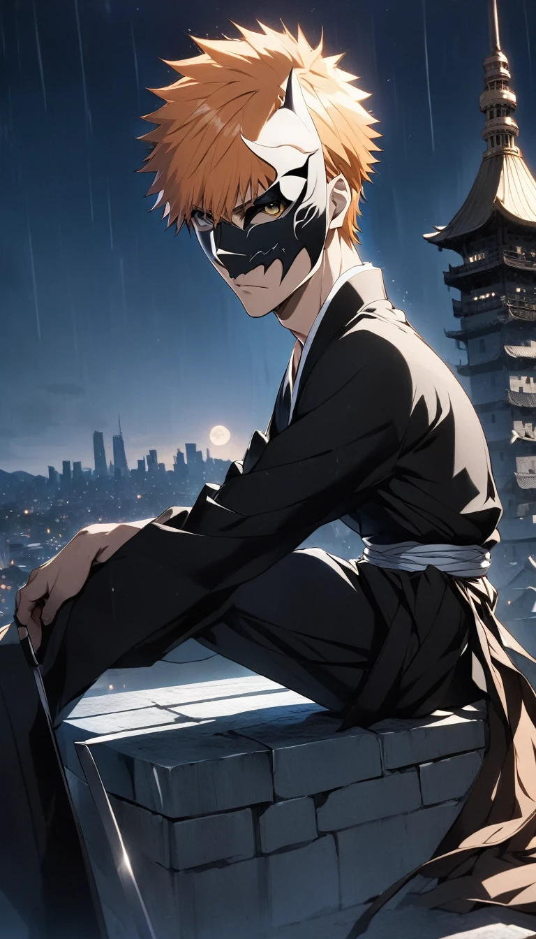 PHOTO OF THE CHARACTER OF A HANDSOME ADULT MALE ANIME "ICHIGO" with a SKULL MASK and black horns, a BLACK KIMONO APPEARANCE AND HIS TYPICAL SWORD SITTING ON TOP OF THE CITY TOWER WHILE STARING AT THE NIGHT MOON.